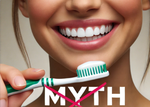 Close-up of a person’s bright smile with the word ‘myth’ crossed out, symbolizing debunked oral hygiene myths.