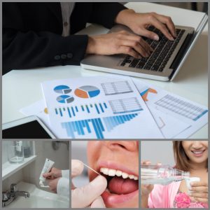 A person managing oral hygiene with a busy schedule. Includes images of a person juggling work while maintaining oral health routines.