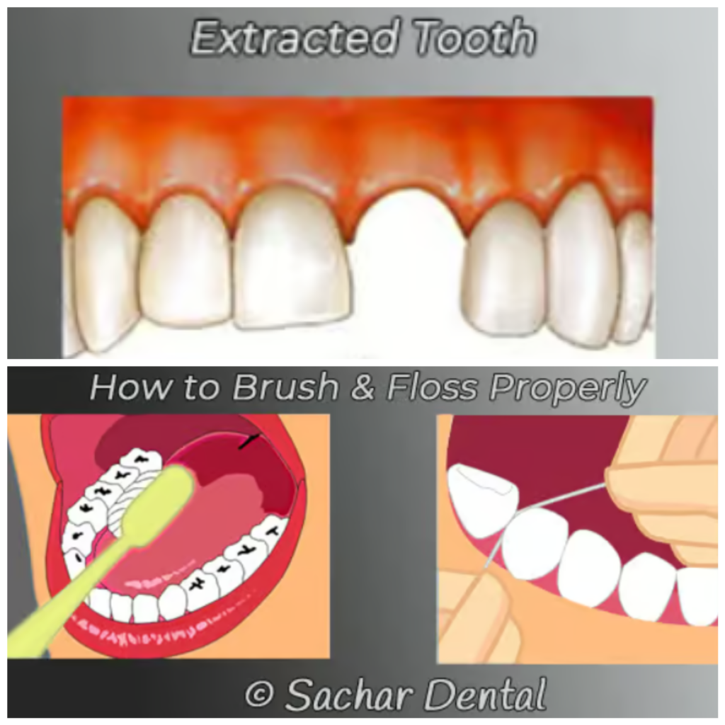 Demonstrating proper brushing and flossing technique after a tooth extraction