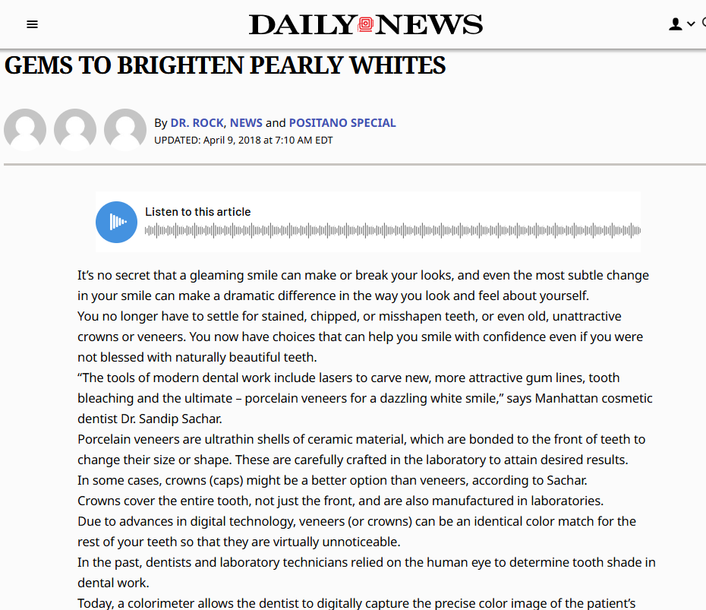 Daily News Article on porcelain veneers- by Manhattan Cosmetic Dentists Dr Sachar